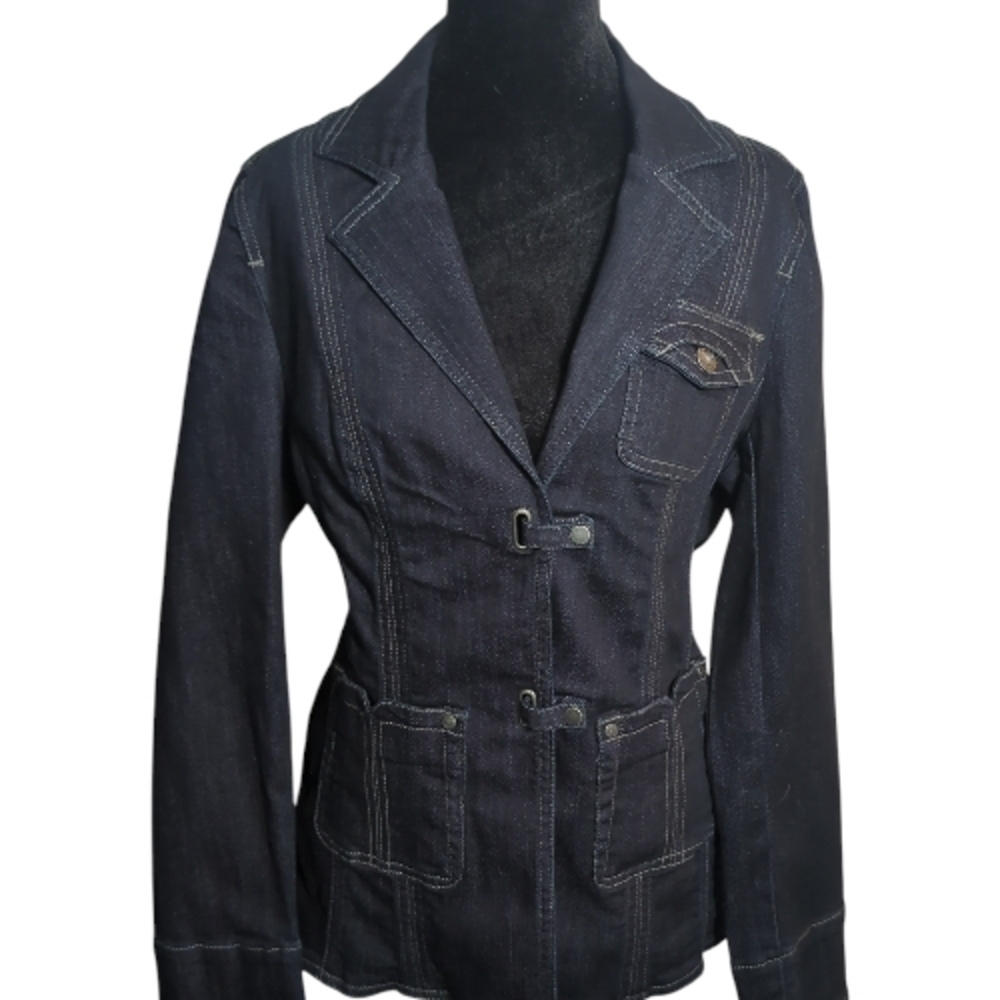 FDJ Small Dark Wash Tailored Utility Denim Blazer Y2K Moto Smart Casual Urban